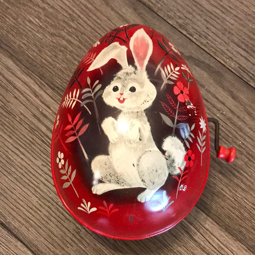 Vintage tin litho Mattel musical egg toy rabbit bunny design 1950’s